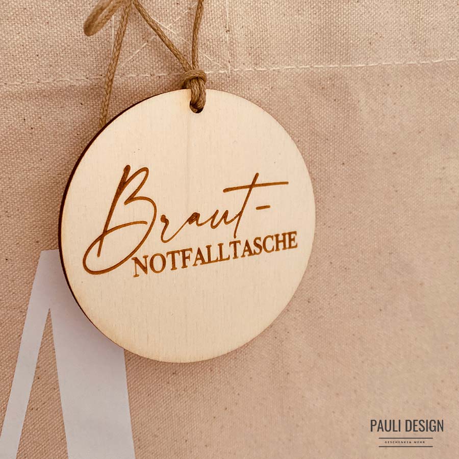 Holzanhänger Braut-Notfalltasche